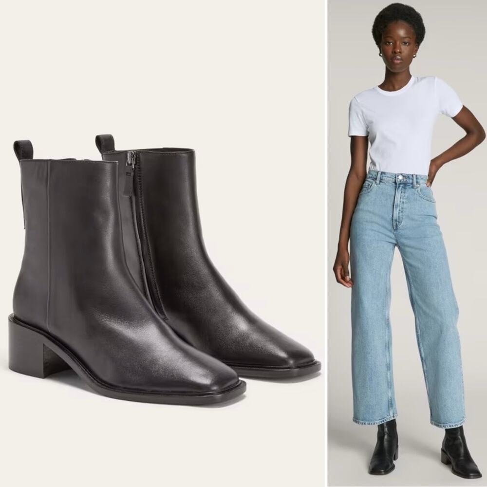 EVERLANE The City Boot Black Leather Pull Tab Side Zip Block Heel Size 7.5